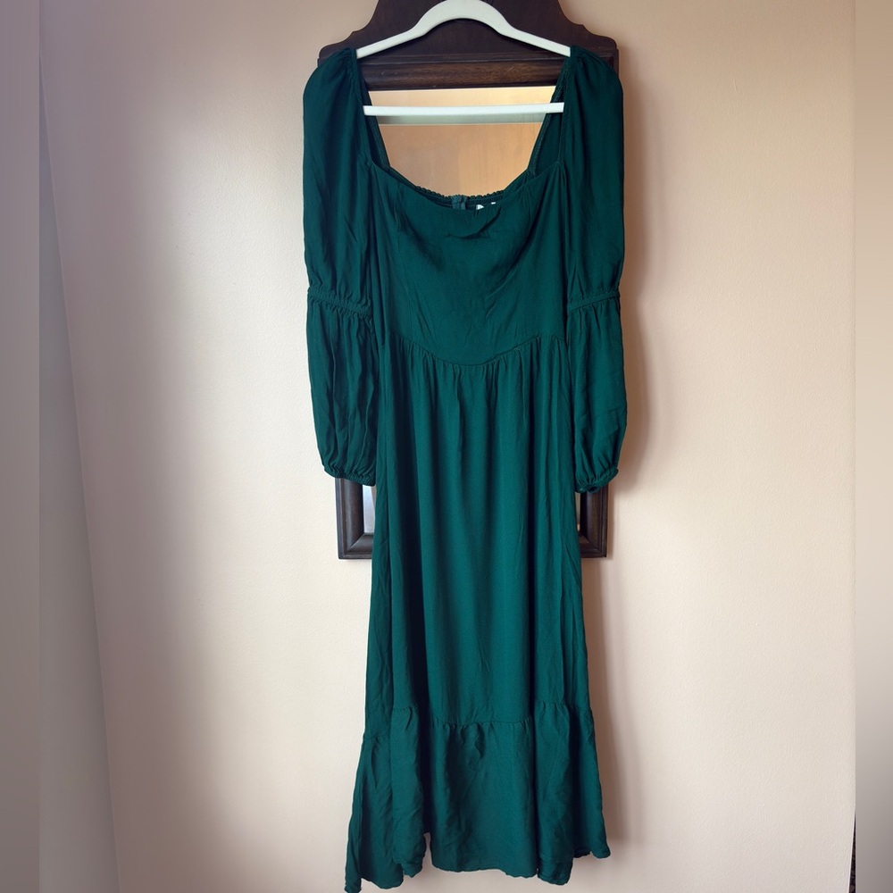 New Reformation Mica Puff Long Sleeve Emerald Green Midi Dress Sz 8 Square Neck - Picture 6 of 11